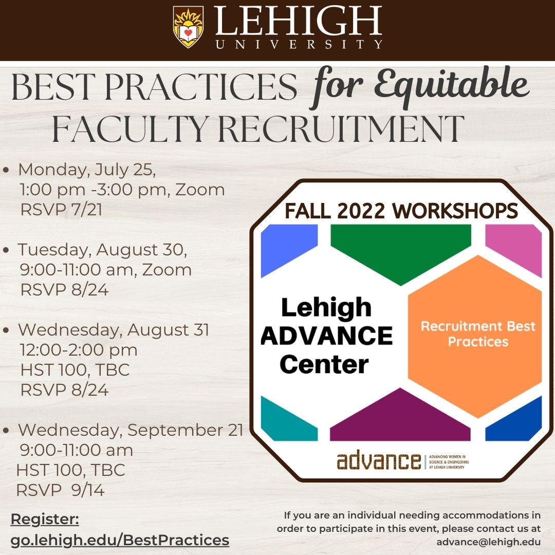 Graphic showing the times for four workshop offerings for faculty search committees and how to register.